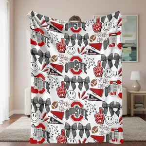 Ohio State Themed Flannel Blanket Football Cheer Bow and Smiley Print Soft Warm Cozy Lightweight for Sofa Bedroom Dorm Game Day Tailgating Fan Gift Lounge Use