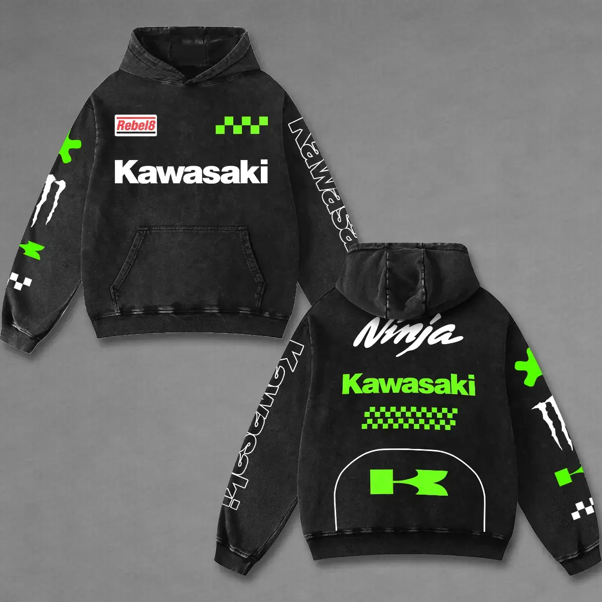 Kawasaki Ninja Green Racing Washed Hoodie Vintage Motorcycle, Motor Speed Racing Sportbike Graphic Merch, Acid Washed Streetwear Clothing, Unisex Dirt Bike Racing Hoodie, Vintage Motorsport Hoodie, Speed Culture Men's Wear, Designed for Biker