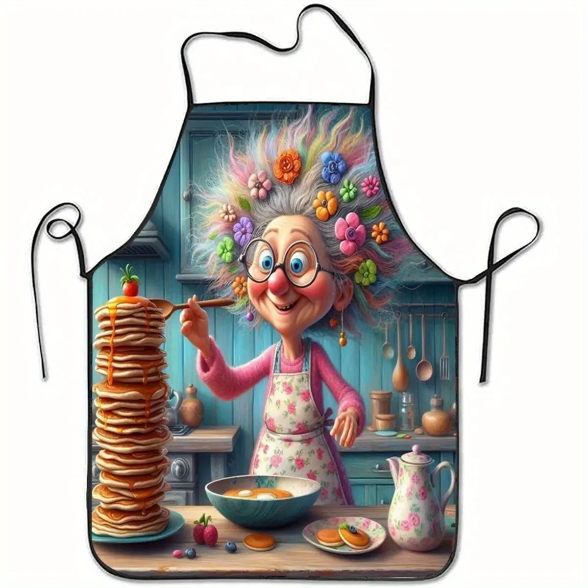 1pc Whimsical Grandma Stacking Pancakes Print Polyester Apron - Durable Unisex Kitchen Baking Coffee Work Apron with Floral Accents, Comfortable for Home & Cafe Use, Playful Kitchenwear, Kitchen Cooking Aprons