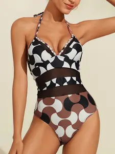 ADOR Women Geometric Mesh Removable Pad Swimsuit