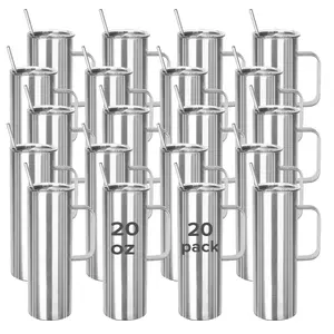 FASTSUB 20 oz Skinny Stainless Steel Tumbler with Lid and Straw, Double Wall Vacuum Pre-sanded Cup for Epoxy and UV DTF