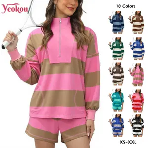 Yeokou Women's Lounge Set 2 Piece Striped Long Sleeve Quarter Zip & Short Sleeve T Shirt and Shorts for Summer & Autumn Casual Workout Tracksuit Sporty Set Stylish Activewear Yoga Outfit Set Lightweight Athletic Outfits Sweatsuit Matching Set