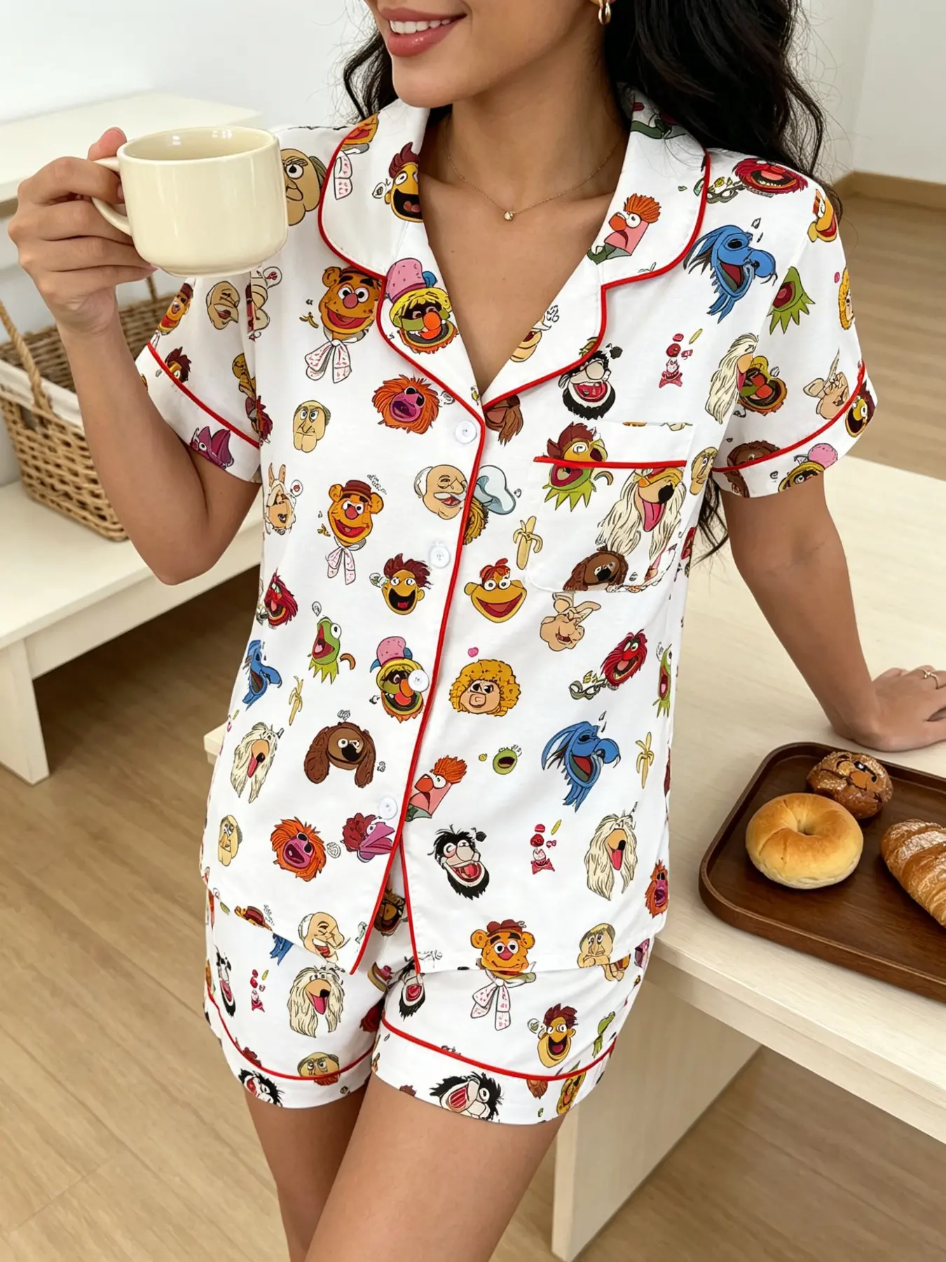 Adorable Doll Print Pajama Set, Women's Short Sleeve Collared Cardigan Top Sleepwear Loungewear, Soft Two-Piece Nightdress, Summer Comfort Home Wear Pjs Pyjamas
