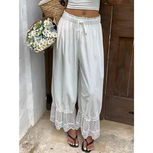 Women Lace Trim Long Bloomers Elastic Mid Rise Ruffle Pantaloons Cropped Flared Slips Pants Pajama Bottoms