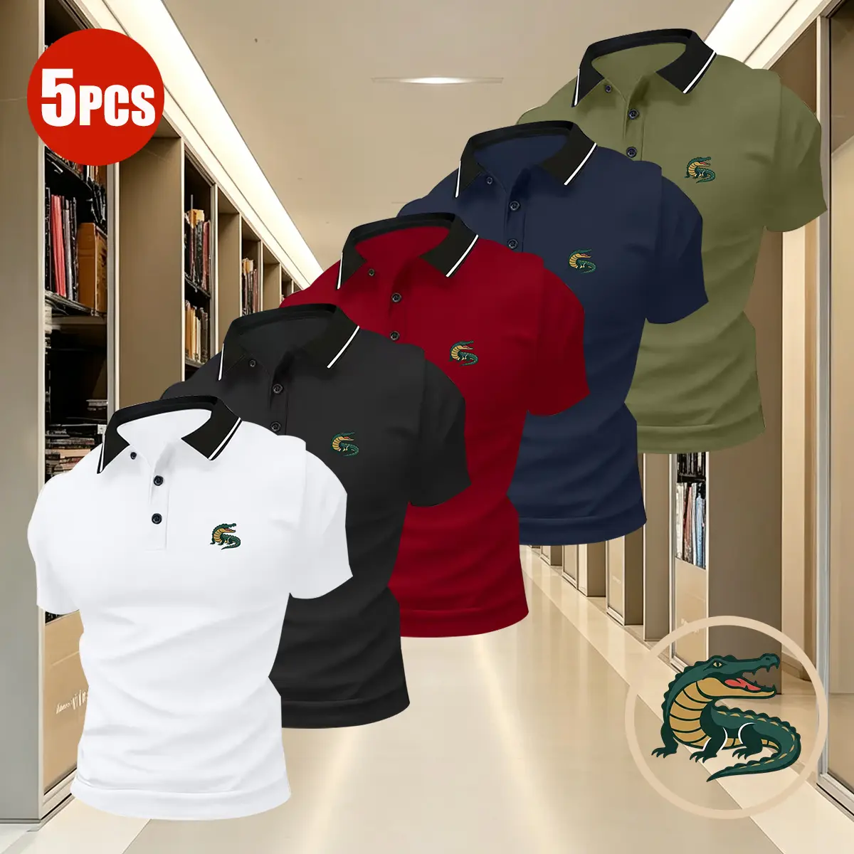 5-Pack Men’s Casual Polo Shirts – Solid Color Sports Polos with Crocodile Print, Suitable for Leisure Activities, Everyday Office Wear, Machine Washable, Turn-Down Collar Polos