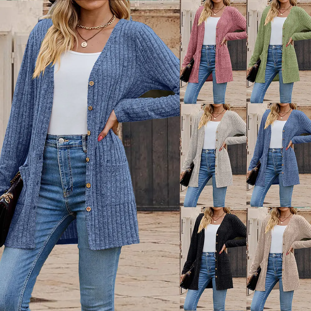 Knitted Cardigan Jacket for Women - Fashionable Autumn Winter Top in Blue, Pink, Green & Black - Long Sleeve Button Front Cardigan with Pockets
