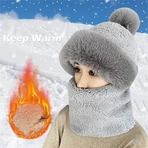 Autumn Winter Women's 3-in-1 Knitted Hat Cold Resistant Thickened Plush Hooded Neck Gaiter with Fleece Windproof Scarf Hat for Outdoor Cycling