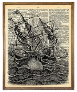 Delve into the Mysteries of the Deep with This Steampunk Kraken Dictionary Wall Decor Poster