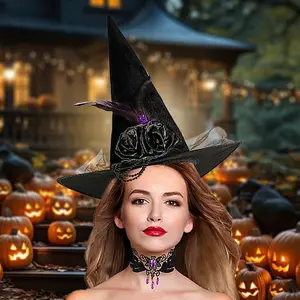 Halloween Witch Hat Halloween Hat Witches Hat Pointed Hat With Gemstone Necklace Feather Rose Party Hats Wizard Hat For Women witches hat