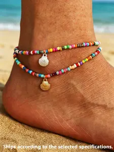 Boho Seashell Beaded Anklet, Colorful Seed Bead Foot Bracelet, Shell Pendant, Features gold/silver shell charms, perfect for beach days, pool parties, and summer vacations, Cute design, ideal as a friendship gift for best friends or sisters, Foot Jewelry