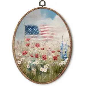 Hxlac Vintage Wildflower American Flag Oval Wall Art Framed, 4th of July Patriotic Oval Wall Decor, Rustic Cottagecore Canvas Prints Wall Sculptures for Home Bedroom Living Room Decor, 8.5x11.5 Inch