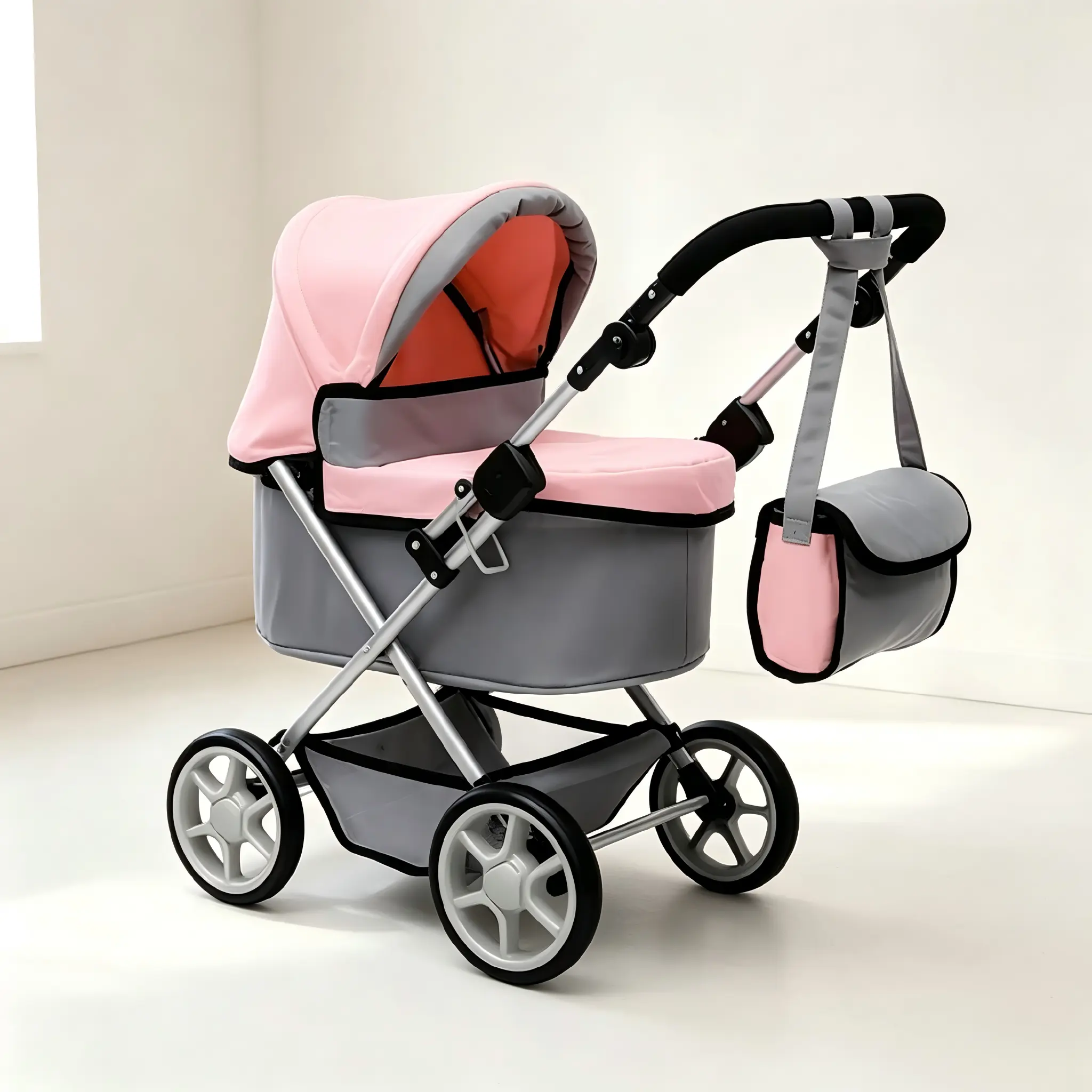 Beautiful Reborn Baby Doll Stroller, Pink and Gray Foldable Pram with Adjustable Hood, Storage Basket and Shoulder Bag, Lightweight Buggy for Dolls Up to 22 Inches, Girls Age 3+ Convertible 17-22