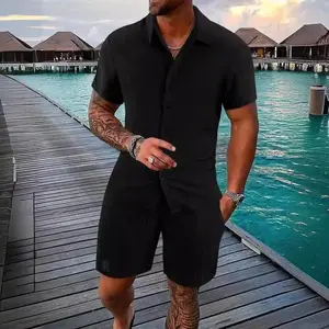 Men's Solid Drawstring Waist Shorts Set, Cozy Breathable Two-piece Outfits for Daily Outdoor Wear, Men Clothes for Summer.