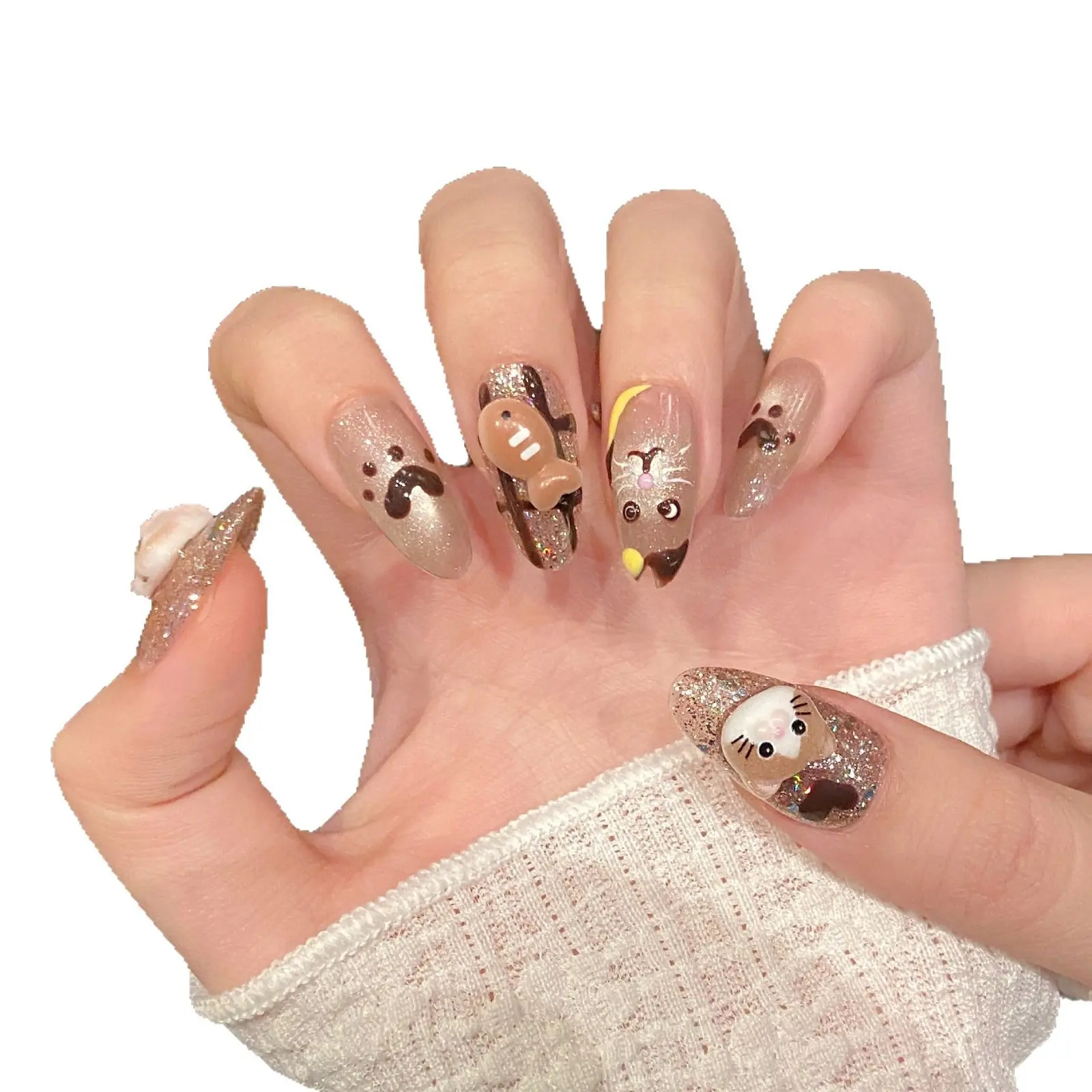 Reusable Press-On Acrylic Nails Extension Set, Hand-Painted Cat Paw Prints with Shimmering Gradient Halo