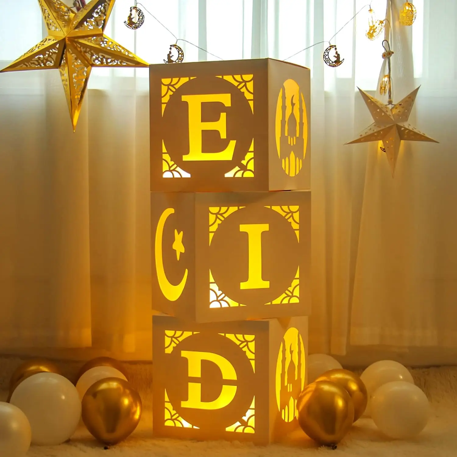 3pcs Foldable Islamic Paper Hollow Eid Mubarak Box Set with 3 Safe Warm White String Lights, Family Ramadan Gift, Home Religious Decor, DIY Party Ornaments (Batteries Required), Stars