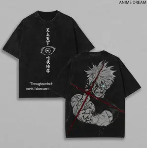 Retro Heavy Gojo Satoru Red Technique Ver.3 THE HONORED ONE Jujutsu Kaisen Anime Double Printed Vintage Washed Tee Unisex Oversize Anime Manga Washed Heavyweight Cotton T-shirt