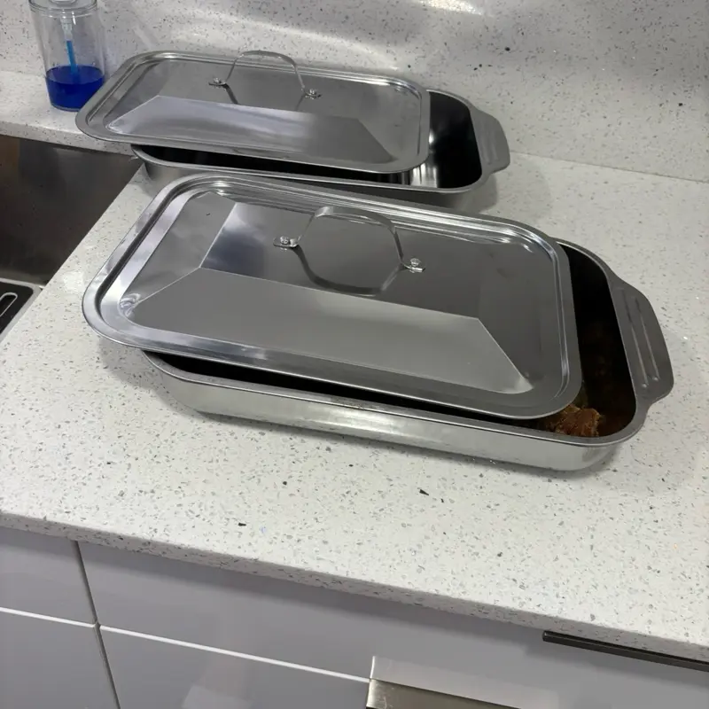 Stainless Steel Rectangular Baking Trays with Lids, 2-Pack Extra Large 16x9x3in Heat Resistant Bakeware for Oven Use, Home Cooking, Festive Meals