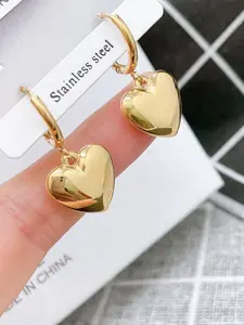 1Pair Trendy Gold Color Heart Dangle Earrings For Women Fashion Ear Buckle Stainless Steel Waterproof Jewelry Holiday Gift