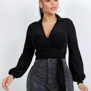 Lili's Blouse Piedreria Women's Black Polka Dot Wrap Top with Belted Waist and Long Flared Sleeves