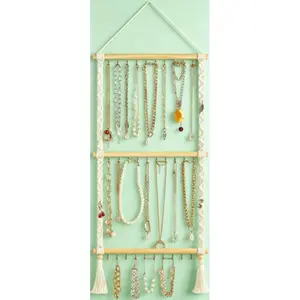 Wall Mounted Jewelry Organizer with 30 Hooks Macrame Hanging Storage Display for Necklaces Bracelets Earrings Over Door Tassel Decor Multi-Functional Rack Holder for Accessories Headbands Bows