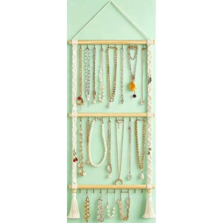 Wall Mounted Jewelry Organizer with 30 Hooks Macrame Hanging Storage Display for Necklaces Bracelets Earrings Over Door Tassel Decor Multi-Functional Rack Holder for Accessories Headbands Bows