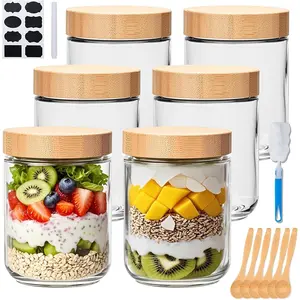 16oz Glass Jars with , Overnight Oats Containers with  , Wide Mouth Glass Mason Jar  Storage Containers for Salad,Yogurt,Meal Prep,6 Pack