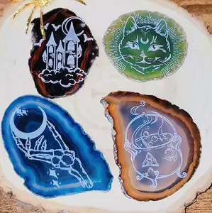 Colorful Agate Slices with Halloween-Themed Designs, Artfully Etched