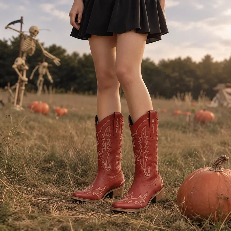 Pasuvo Women's Western Embroidered Pointed Toe Chunky Heel Fabric Boots - All Seasons Casual Cowgirl Footwear, Cute Geometric Polka Dot Stitching, Ideal for Wedding, Country Concerts, Womens Dresses Pairing