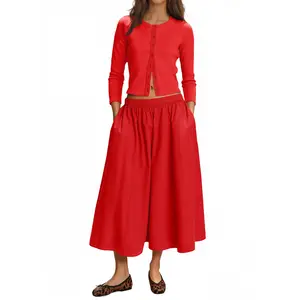 Tankaneo Womens 2 Piece Skirt Sets 3/4 Sleeve Knit Cardigan Elastic Waist Midi Skirt Outfits Casual Matching Dress Set