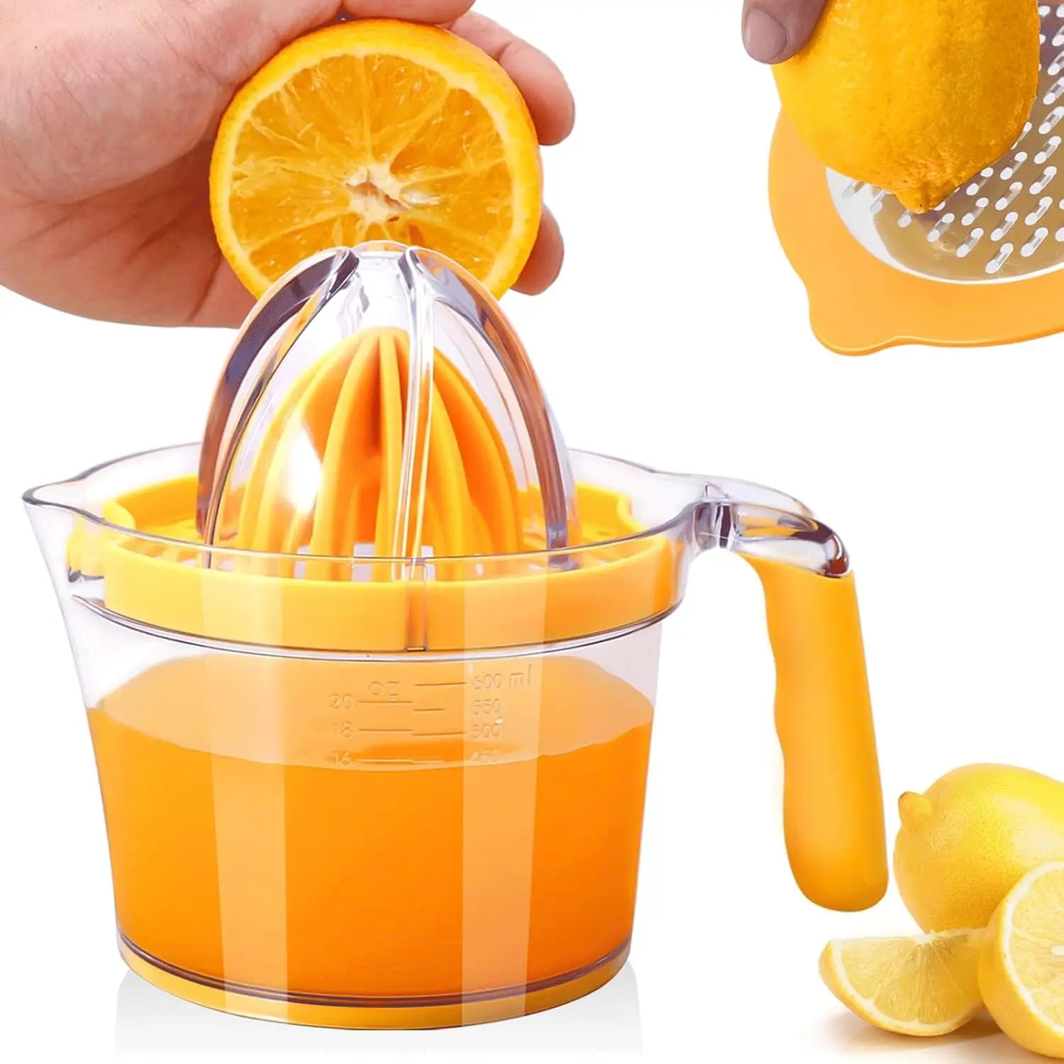 Handheld Silicone Citrus Juicer Squeezer - Detachable Multi-Tool Set with Built-In Measuring Cup, Integrated Grater, Egg Separator, Garlic Prep Tool, Non-Slip Handle, Food-Safe Durable Material for Lemon, Lime Homemade Juice Making, Reusable, Kitchen Use