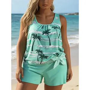 2026 Women's Plus Size Tropical Palm Tree Print Tankini Swimsuit, Scoop Neck Sleeveless Flowy Tank Top with Side Tie Knot, Solid High Waist Shorts Bottom, Tummy Control Modest Two-Piece Bathing Suit for Beach Pool Swimwear,Summer Vibes
