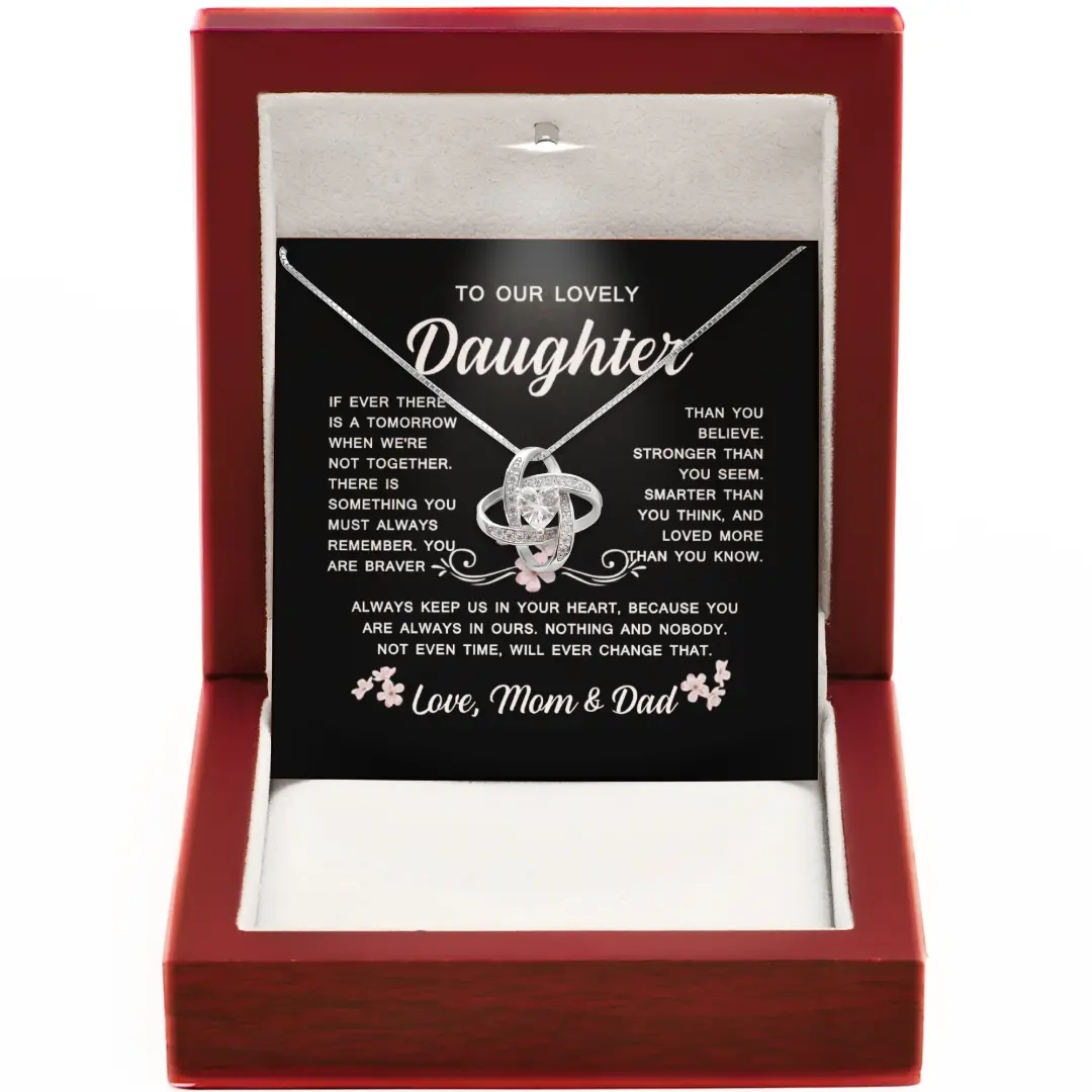 To Our Daughter Necklace Gift - Sentimental Love Knot Pendant with Cubic Zirconia from Mom and Dad for Birthday or Graduation