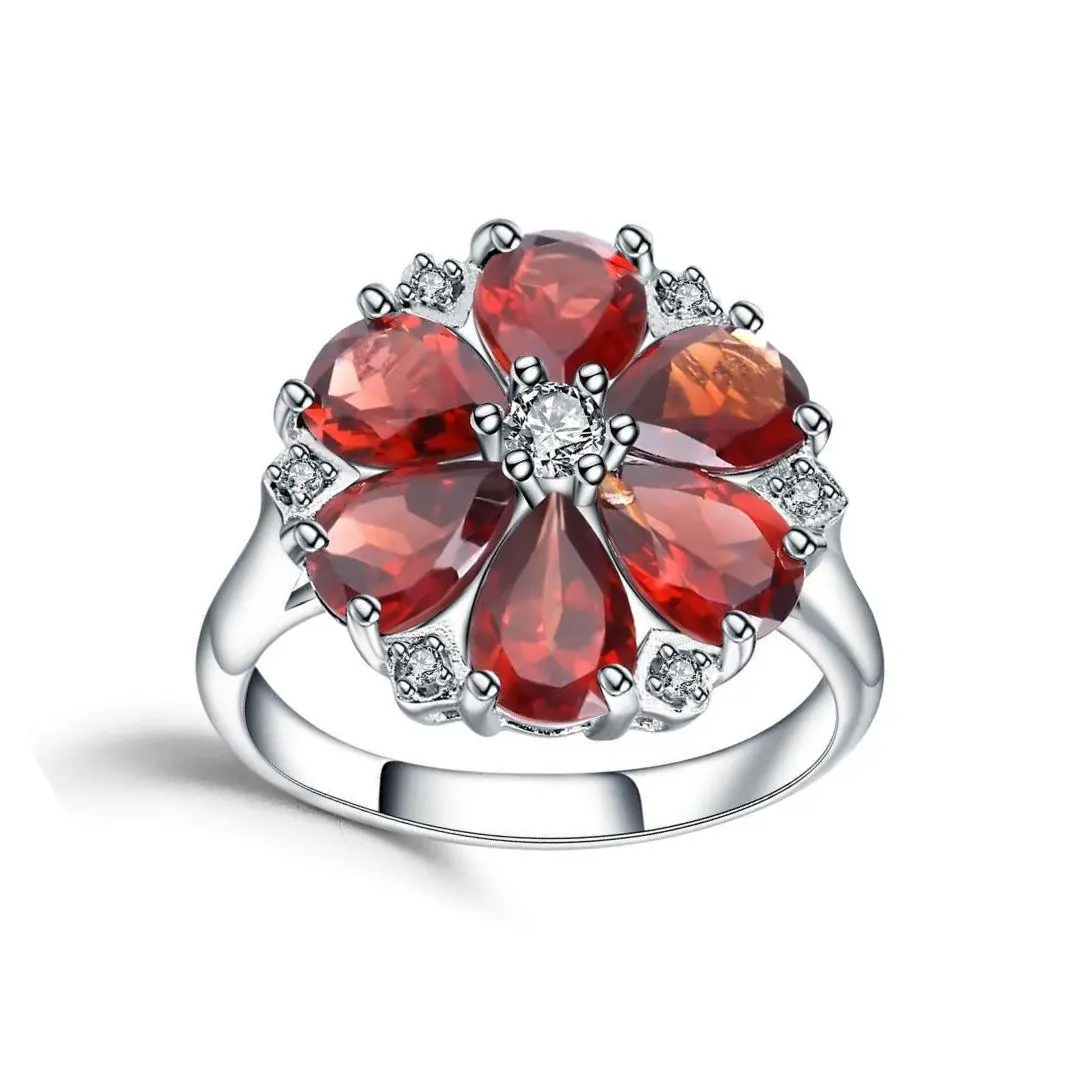 2.44 Ct Pear Red Garnet and Cubic Zirconia Prong Silver Flower Ring