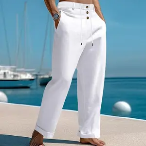 Fashion Straight Cotton and Linen Strap Beach High Waist Casual Trousers Men(Sheet)