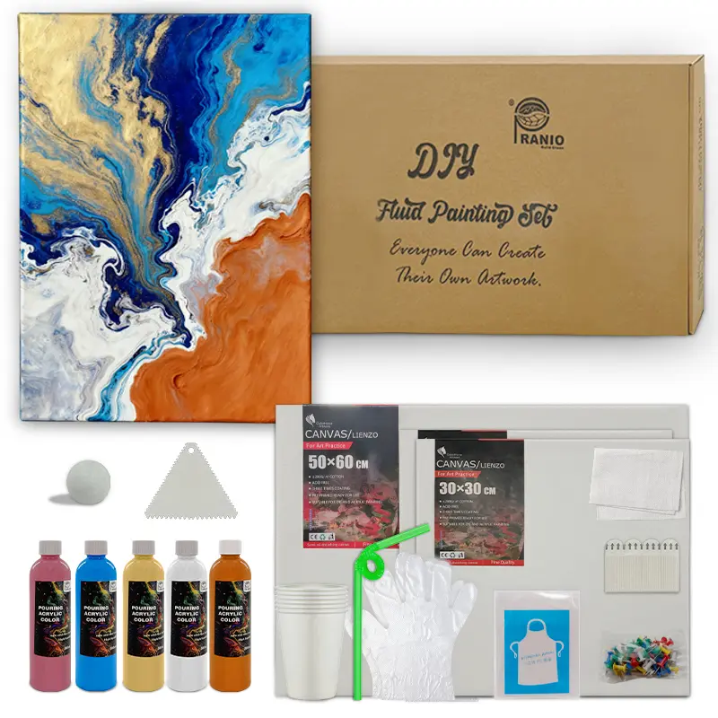 PRANIO Fluid Art Kit - 260ml Pre-Mixed Acrylic Pour Paint Set with Pre-Mixed Formula, 4 Colors, 11×11 Inch, for Marble, Cell & Hydro Dip Effects, Easy DIY Kit for Beginners & Artists, Ideal for Personal Relaxation