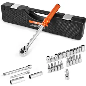 summervibes High-Precision 3/8 Inch Drive Ratchet Torque Wrench Set, 5-60 N.m/3.7-44.3 lbf.ft, Dual-Direction 72-Tooth Click Wrench Kit with Socket Bits, Extension Bar, Spark Plug Sockets, Adapter, Orange