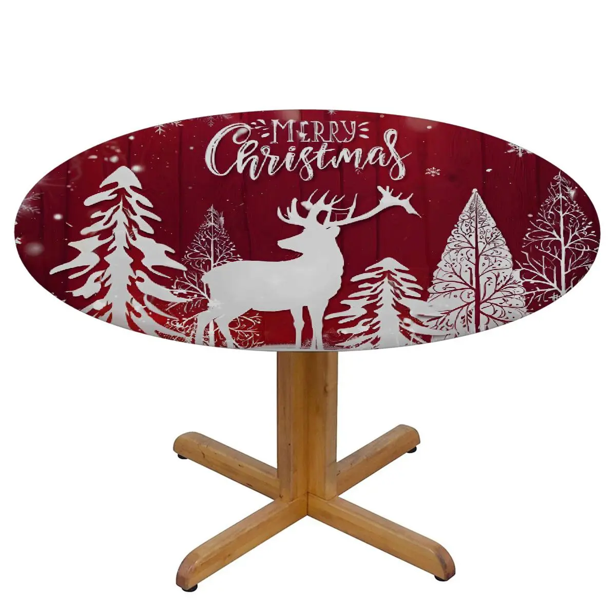 Elastic Fitted Round Shape Christmas Tablecloth - Multi-Size 1-Piece Waterproof Polyester, Red Wooden Background with Reindeer Trees, Stain-Oil Resistant, Non-Slip Edge Protector for Xmas Indoor Parties Decor