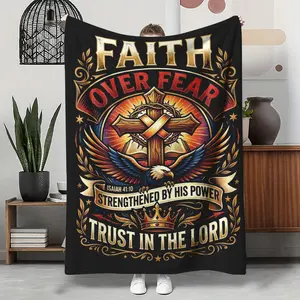 Faith Over Fear Eagle Flannel Throw, Christian Cross Bible Verse Soft Warm Blanket, Cozy Religious Gift for Him Men, Couch Sofa Bed Patriotic Decor, AC Summer Nap Blanket, Easter Christmas Baptism Gift, Trust In The Lord Isaiah Throw