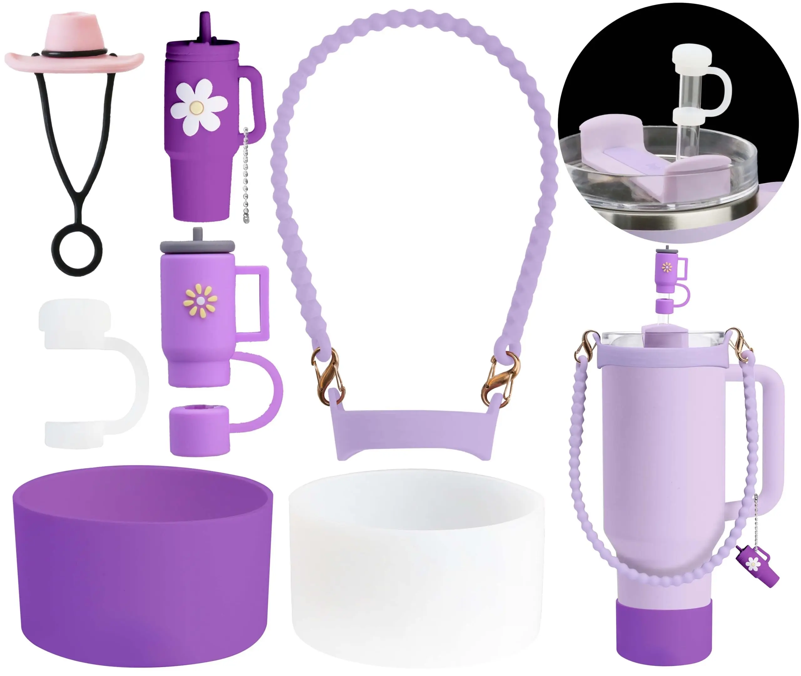 ZYBIDEAL 8 PCS Cup Accessories for Stanley Silicone Bottom Boot Bottle Strap Cowboy Straw Topper Charm Chain Decoration for Stanley (Purple Set)