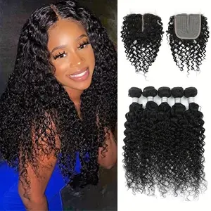 Sell like hot cakes 2024 NEW Jerry Curly Bundles With T- Part Closure Packet Human Hair Hair 5 Bundles With One 4x4 T-part Lace Closure HD Transparent Lace With Baby Hair Natural Black Color