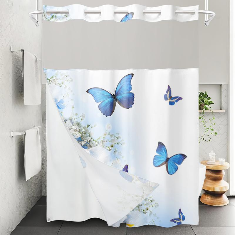 Snap Button Hookless Digital Print Waterproof Shower Curtain with Embedded Fabric Liner Set Lin Shower Curtain Partition