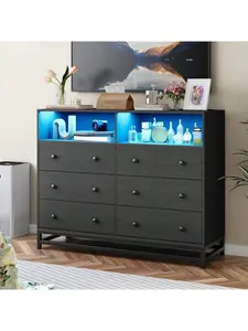 Gaomon Black 6-Drawer Double Dresser TV Stand, TV Stand Compatible Furniture with Power Outlet & LED Light, Wood Storage Unit for Bedroom, Hallway