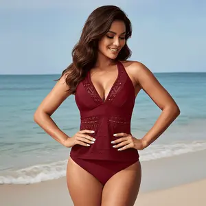 Women's Modest Tankini Set Sexy V-Neck Lace Detail Swimwear 2 Piece Burgundy Bathing Suit neon swimsuit