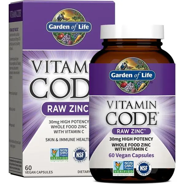 Garden of Life Zinc Supplements 30mg High Potency Raw Zinc and Vitamin C Multimineral Supplement, Vitamin Code Vitamins Trace Minerals & Probiotics for Skin Health & Immune Support, 60 Vegan Capsules