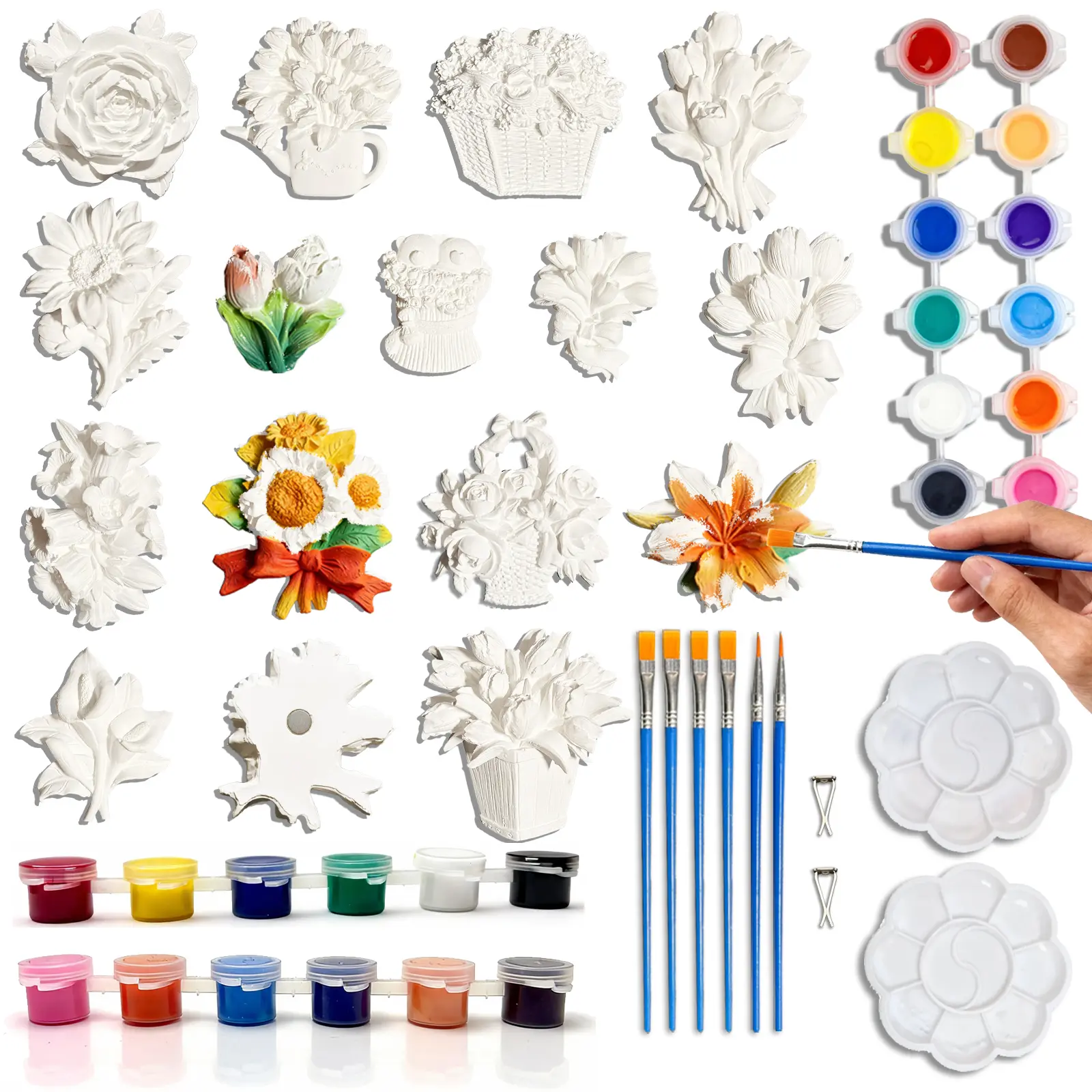 15 Pcs DIY Plaster Painting Kit for Adults & Kids – Sensory Fidget Craft Set with Embedded Magnets & Car Diffuser Clip. Paint Your Own Flower Fridge Magnets. The Perfect Creative Stress Relief Gift for Party Favors, Home Decor & Artistic Fun.