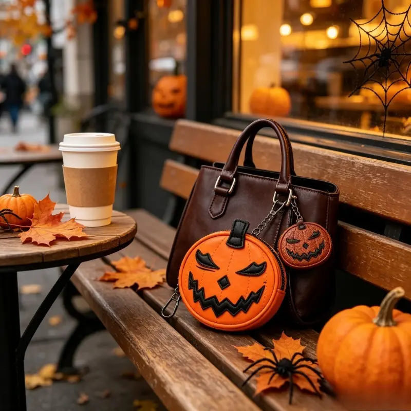 Women's Retro Look Pumpkin Print Wallet with Key Chain, Zipper Lock, Coin Purse, Key Clip - Daily Use Accessory for Luggage & Bags