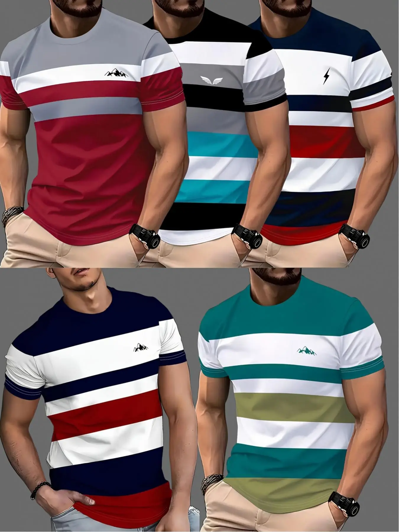 5 pieces of fashionable Casual 3D digital printed simple striped men's T-shirts