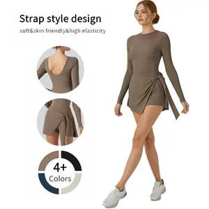 Women's High Neck Tennis Dress Long Sleeved Wrap Skirt Built-in Shorts Golf Sportswear Breathable Lightweight Outdoor Jumpsuit