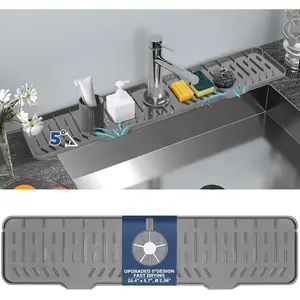 24" Splash Guard Plus Size Silicone Sink Faucet Drying Mat Handle Drip Catcher Tray Dish Sponge Holder Kitchen Accessories Protector Home Organization Gadgets Organizer