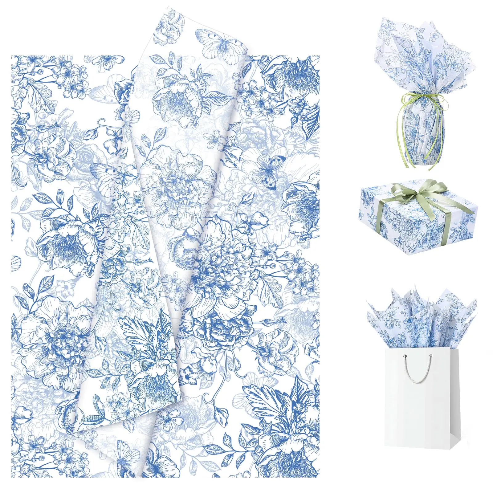 Vintage Blue Floral Tissue Paper (80 Sheets, 14x20 In Convenient Size) - Durable Gift Wrapping Paper for Birthday Decorations, Blue Flowers and Butterflies Themed Packaging Supplies, Easy To Cut